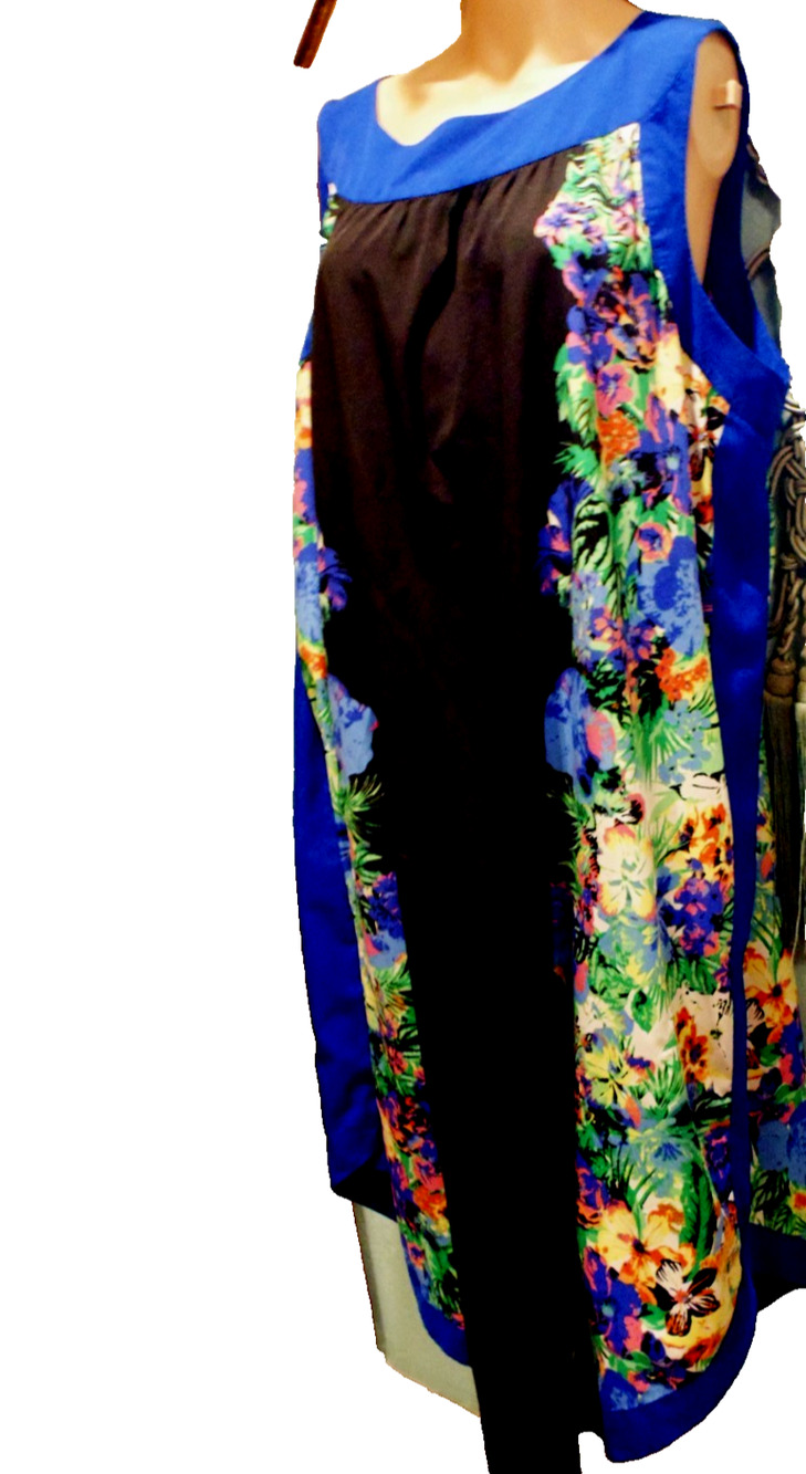 Vtg HAWIIAN Luau Maxi Dress Womans 2X Black Panel Blue Floral Sleeveless V Hem